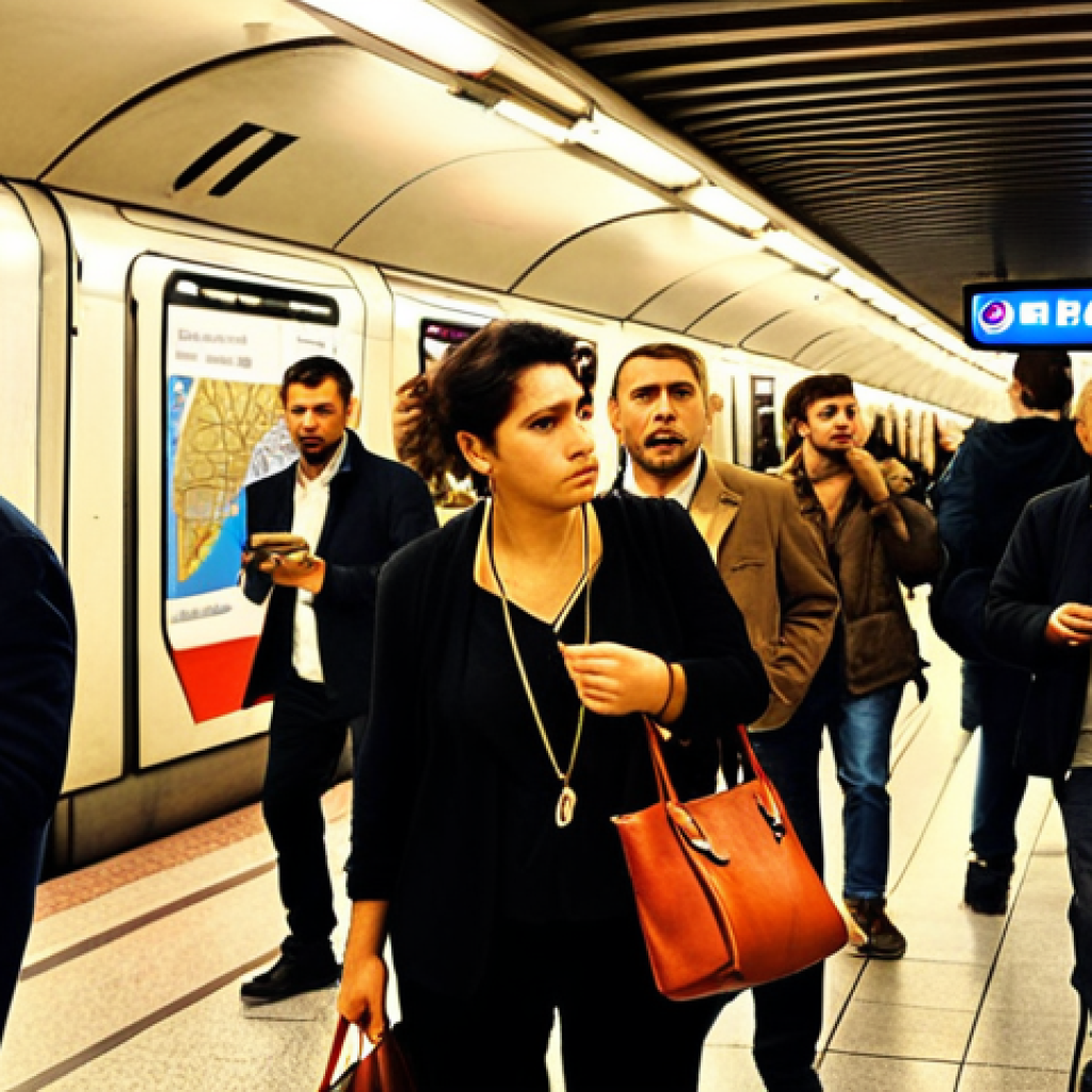**

A bustling Roman metro station. Tourists with maps look overwhelmed, surrounded by locals. A stylishly dressed woman clutches her purse tightly. In the background, a "Roma Pass" advertisement is visible. The overall atmosphere is chaotic but exciting. The light is warm and golden, typical of Rome. Focus on the diverse characters and the energy of the scene.

**