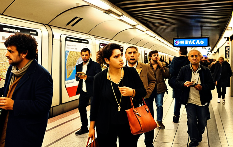 **
A bustling Roman metro station. Tourists with maps look overwhelmed, surrounded by locals. A stylishly dressed woman clutches her purse tightly. In the background, a "Roma Pass" advertisement is visible. The overall atmosphere is chaotic but exciting. The light is warm and golden, typical of Rome. Focus on the diverse characters and the energy of the scene.
**