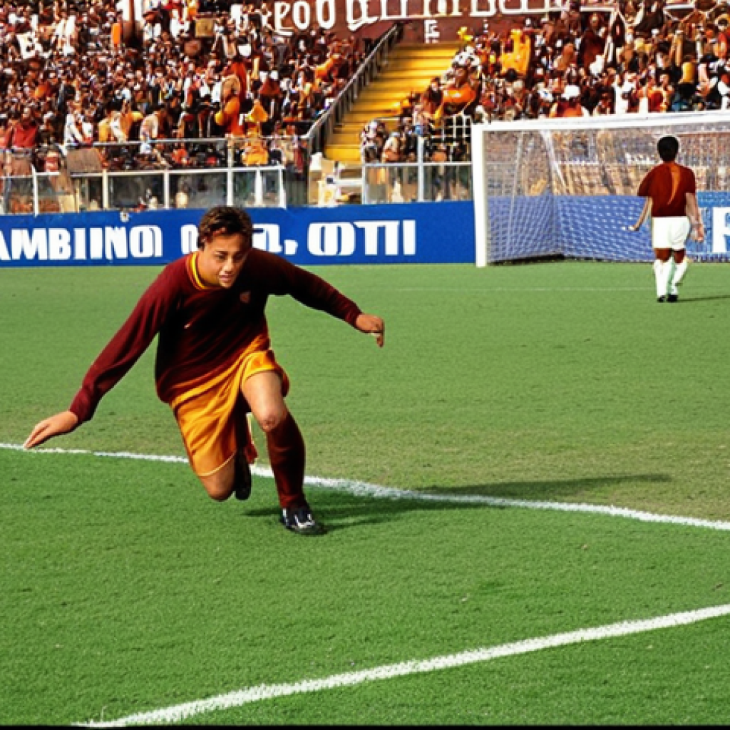 **A young Francesco Totti, the "bambino d'oro", scoring a spectacular goal for AS Roma youth team. The scene is a vibrant football pitch, filled with the energy of a youth match. Focus on Totti's skill and passion, with the AS Roma colors prominent.**