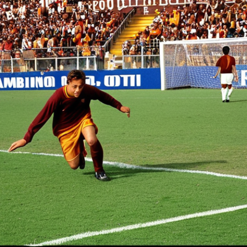 **A young Francesco Totti, the "bambino d'oro", scoring a spectacular goal for AS Roma youth team. The scene is a vibrant football pitch, filled with the energy of a youth match. Focus on Totti's skill and passion, with the AS Roma colors prominent.**