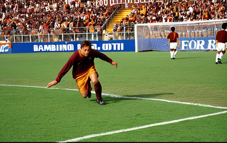 **A young Francesco Totti, the "bambino d'oro", scoring a spectacular goal for AS Roma youth team. The scene is a vibrant football pitch, filled with the energy of a youth match. Focus on Totti's skill and passion, with the AS Roma colors prominent.**