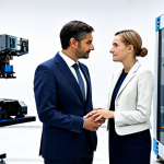 A professional male and female, representing Italian and German expertise respectively, fully clothed in modest business suits, stand within a modern, high-tech manufacturing facility. They are engaged in a focused discussion, observing intricate machinery that symbolizes industrial synergy and shared innovation. The bright, clean environment showcases advanced robotics and precision components. perfect anatomy, correct proportions, natural pose, well-formed hands, proper finger count, natural body proportions, professional photography, high quality, safe for work, appropriate content, professional dress, family-friendly.