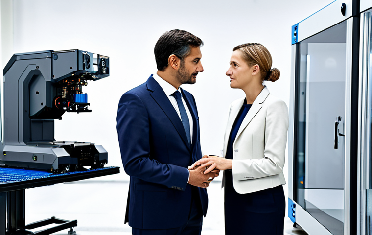 A professional male and female, representing Italian and German expertise respectively, fully clothed in modest business suits, stand within a modern, high-tech manufacturing facility. They are engaged in a focused discussion, observing intricate machinery that symbolizes industrial synergy and shared innovation. The bright, clean environment showcases advanced robotics and precision components. perfect anatomy, correct proportions, natural pose, well-formed hands, proper finger count, natural body proportions, professional photography, high quality, safe for work, appropriate content, professional dress, family-friendly.