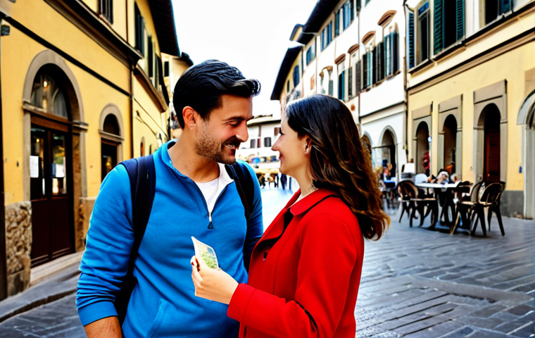 **Prompt:** A tourist couple, fully clothed in casual attire, looking at a map highlighting ZTL zones in Florence, Italy. Background: charming Italian street with Vespas and cafes. Safe for work, appropriate content, family-friendly, perfect anatomy, natural pose.