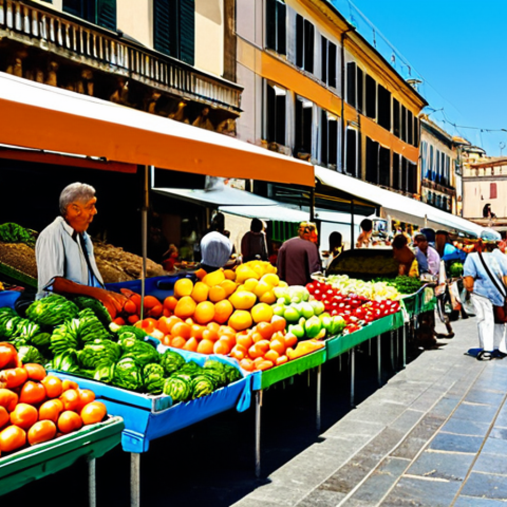 이탈리아에서의 생활 비용 - "A vibrant local market scene in Palermo, Italy.  Fresh produce spilling from stalls, friendly vendo...