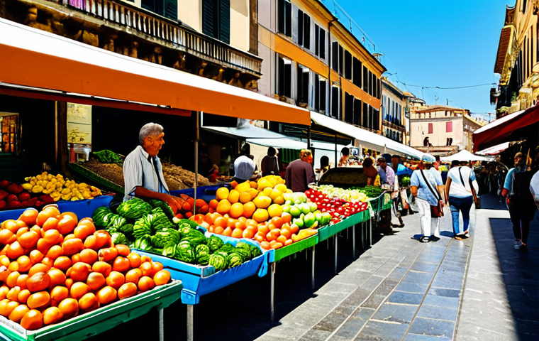이탈리아에서의 생활 비용 - "A vibrant local market scene in Palermo, Italy.  Fresh produce spilling from stalls, friendly vendo...