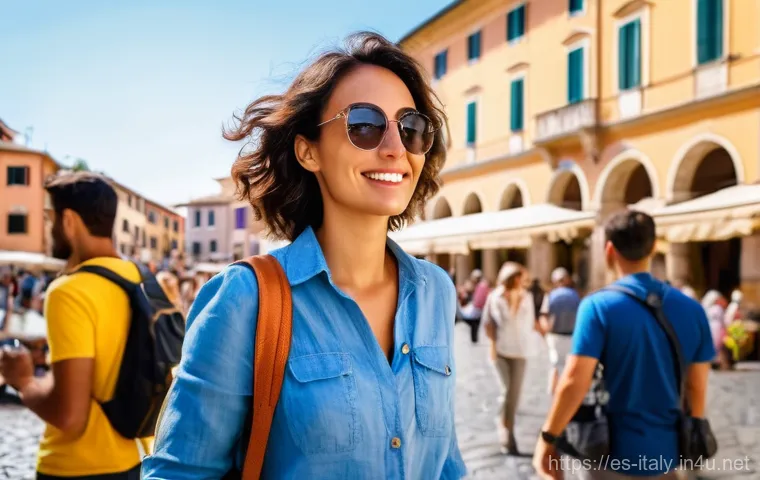 이탈리아 치안 정보 및 안전 수칙 - **Prompt 1: Vigilant Tourist in a Bustling Italian Square**
    A wide shot of a bustling, sun-drenc...