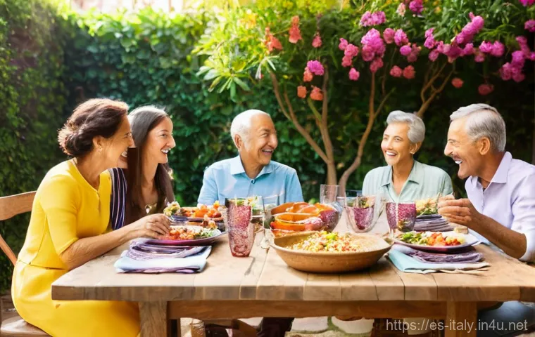 이탈리아와 한국인의 성격 비교 - **Prompt:** "A vibrant, multi-generational Spanish family is gathered around a large, rustic wooden ...