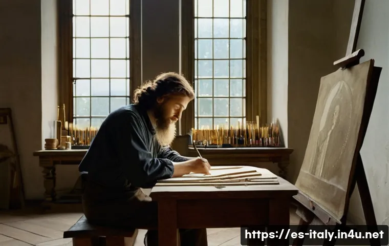 레오나르도 다빈치 생애 - **Prompt:** A young Leonardo da Vinci, around 20 years old, intently sketching a detailed human hand...