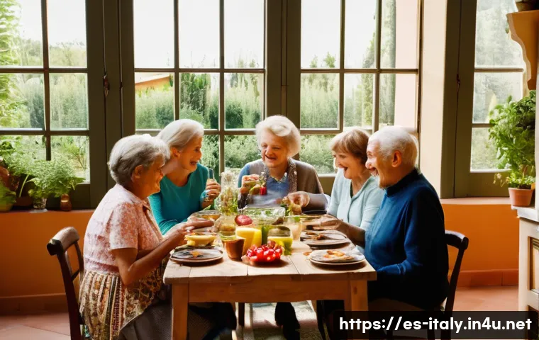 이탈리아와 한국 문화 차이 - A lively Italian family gathering in a sunlit rustic kitchen, featuring multiple generations includi...