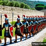 고대 로마 제국의 흥망성쇠 - A highly detailed scene of a disciplined Roman legion marching in formation along a newly constructe...