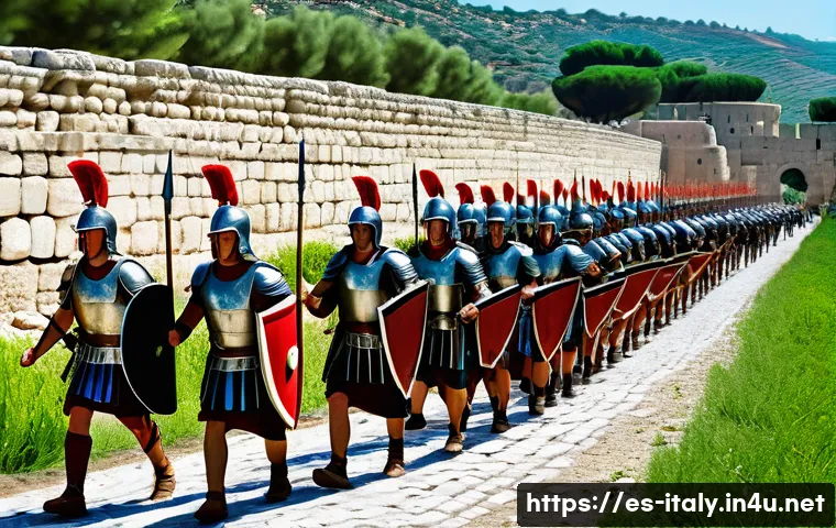 고대 로마 제국의 흥망성쇠 - A highly detailed scene of a disciplined Roman legion marching in formation along a newly constructe...