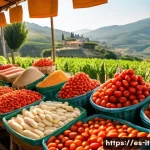 이탈리아 지역별 요리 특색 - A vibrant Italian countryside market scene in southern Italy during early morning, showcasing a rust...