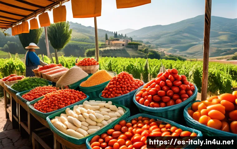 이탈리아 지역별 요리 특색 - A vibrant Italian countryside market scene in southern Italy during early morning, showcasing a rust...