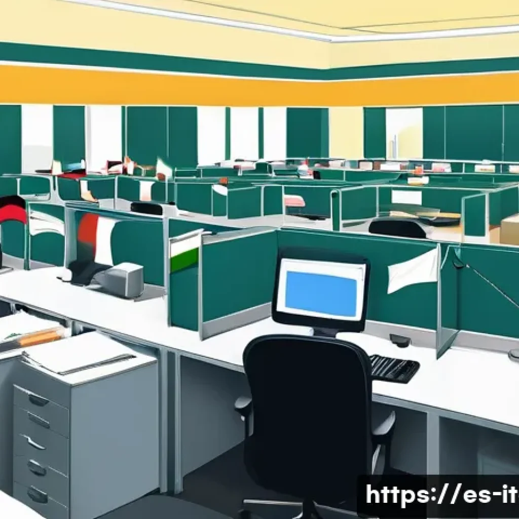 이탈리아의 부패 문제 - A detailed digital illustration of an Italian municipal office interior, showing a busy bureaucratic...