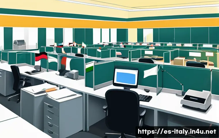 이탈리아의 부패 문제 - A detailed digital illustration of an Italian municipal office interior, showing a busy bureaucratic...