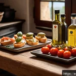 이탈리아 올리브유 브랜드 비교 - A rustic Italian kitchen scene showcasing a wooden table with various bottles of Italian olive oil f...