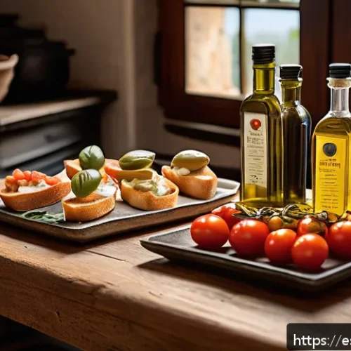 이탈리아 올리브유 브랜드 비교 - A rustic Italian kitchen scene showcasing a wooden table with various bottles of Italian olive oil f...