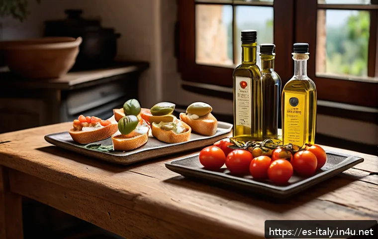 이탈리아 올리브유 브랜드 비교 - A rustic Italian kitchen scene showcasing a wooden table with various bottles of Italian olive oil f...