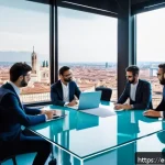 이탈리아에서 사업 시작하기 - A modern Italian startup office scene in Milan, featuring a diverse group of young professionals col...