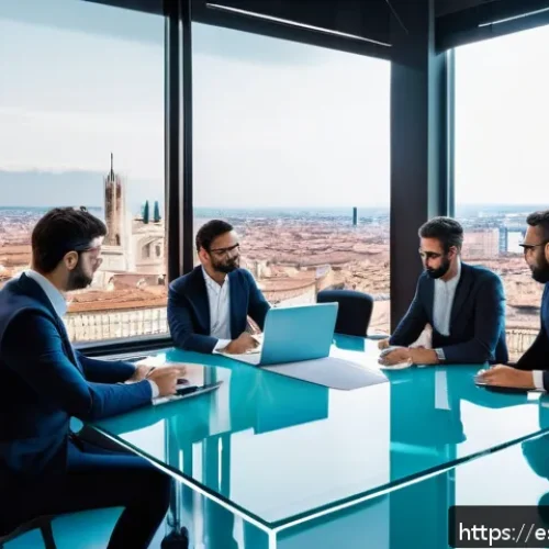 이탈리아에서 사업 시작하기 - A modern Italian startup office scene in Milan, featuring a diverse group of young professionals col...