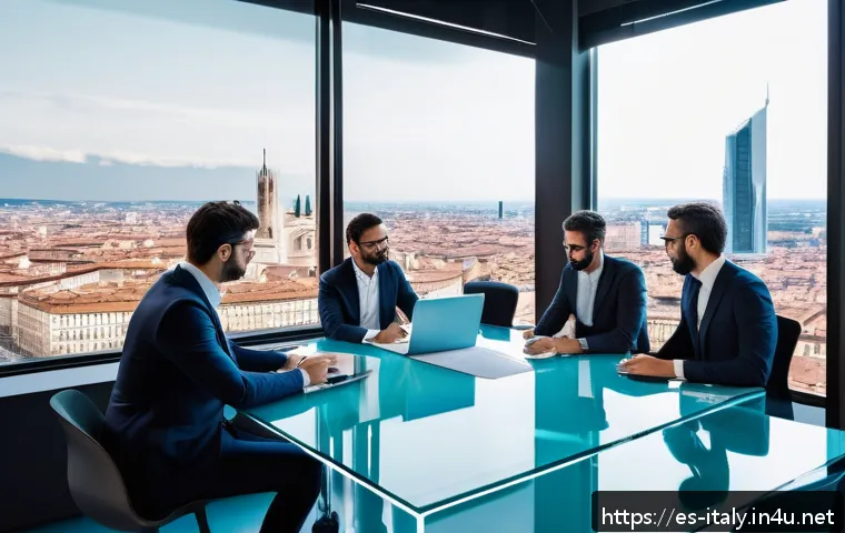 이탈리아에서 사업 시작하기 - A modern Italian startup office scene in Milan, featuring a diverse group of young professionals col...