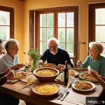 이탈리아와 한국 여행 스타일 차이 - A lively Italian family gathering around a rustic wooden dining table in a sunlit Tuscan kitchen, en...