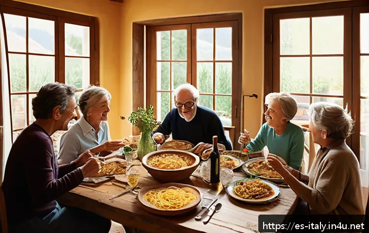 이탈리아와 한국 여행 스타일 차이 - A lively Italian family gathering around a rustic wooden dining table in a sunlit Tuscan kitchen, en...