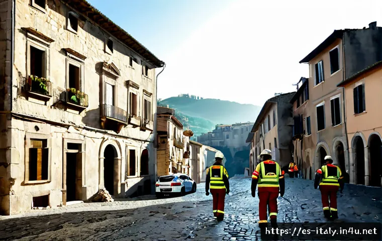 Home 17 이탈리아 지진 역사 - Photorealistic wide view of an old Italian hill town after an earthquake, cracked stone facades, col...